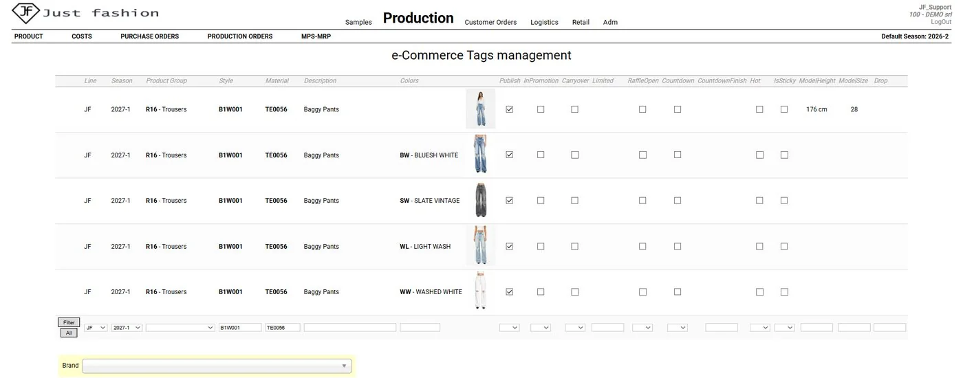Just Fashion, e-Commerce Tags management screen: publishing control, commercial tags and additional fields by style and colour