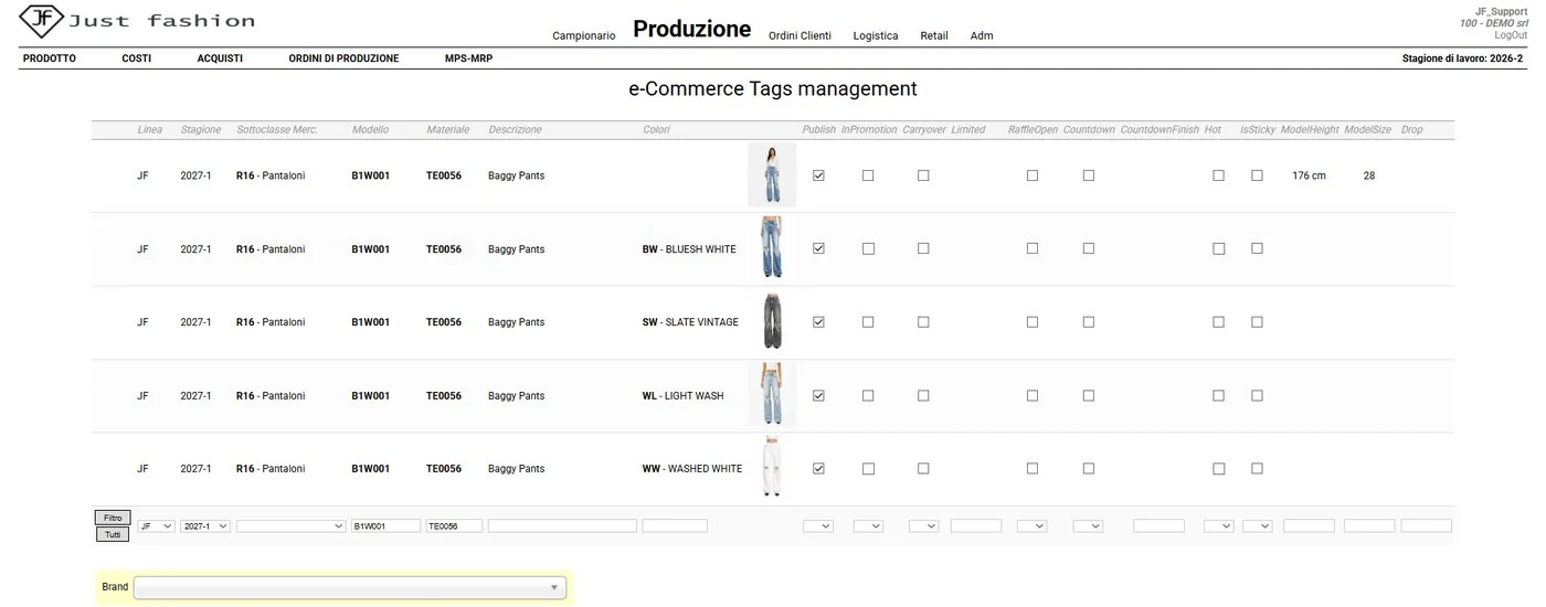 Just Fashion — maschera e-Commerce Tags management: gestione della pubblicazione, dei tag commerciali e dei campi addizionali per modello e colore
