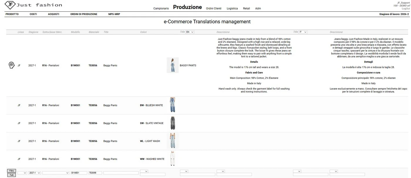Just Fashion — maschera e-Commerce Translations management: titolo e descrizione prodotto in inglese e italiano generati con l'AI