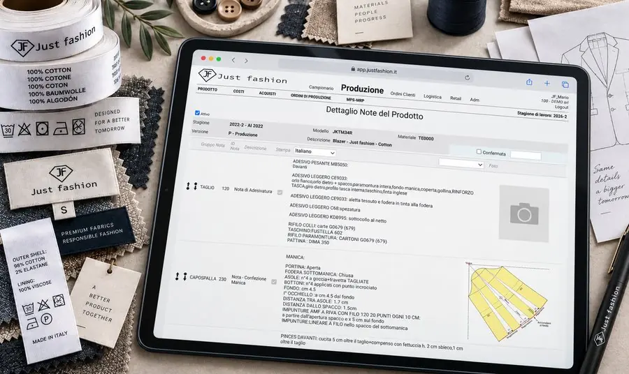 Just Fashion PDM - Composizioni, Etichette di Cura e Dati DPP