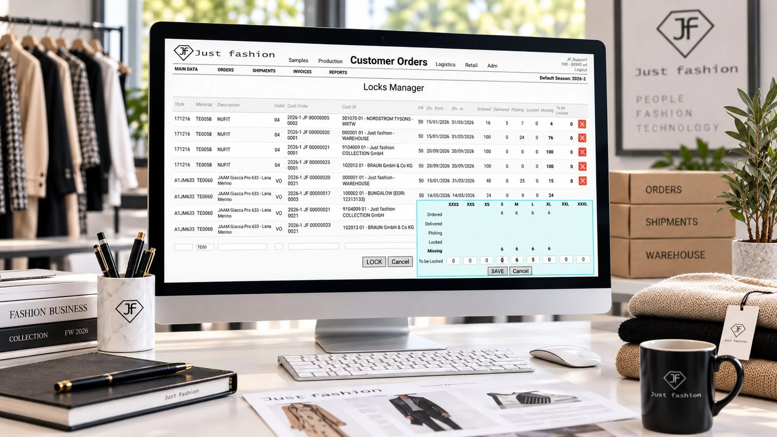 Just Fashion, Customer Orders: stock allocation with rows by style, colour, order and customer, ordered, delivered, picking, allocated and missing columns, and a size grid of quantities to allocate