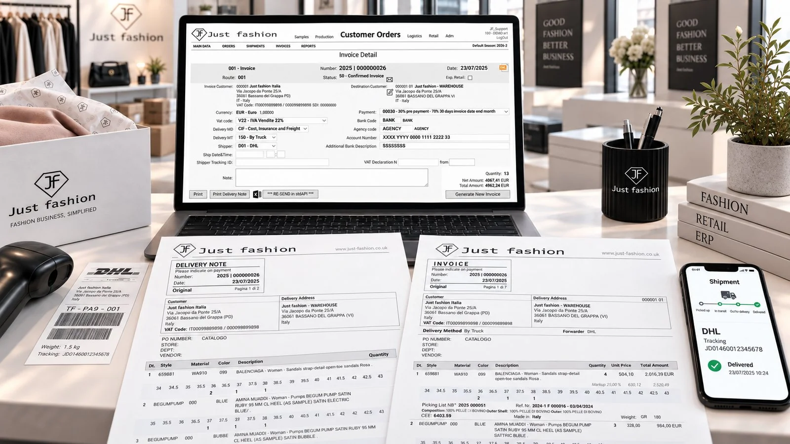 Just Fashion Invoicing & Shipping: delivery notes, invoice management and size grid
