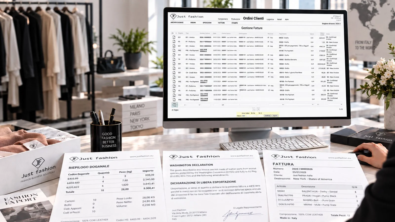 Just Fashion, gestione fatture con regola, tipo documento e numeratori separati per fattura, proforma, prepagamento e nota di credito; stampe di riepilogo doganale, dichiarazione CITES e di libera esportazione, e fattura export con composizione e Made in