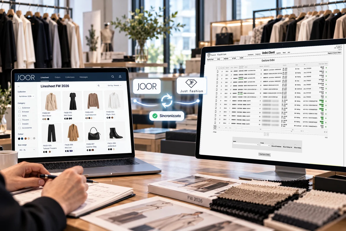 Showroom wholesale: a sinistra la linesheet FW 2026 su JOOR, a destra la gestione ordini di Just Fashion con gli ordini importati da JOOR; al centro la sincronizzazione tra JOOR e Just Fashion