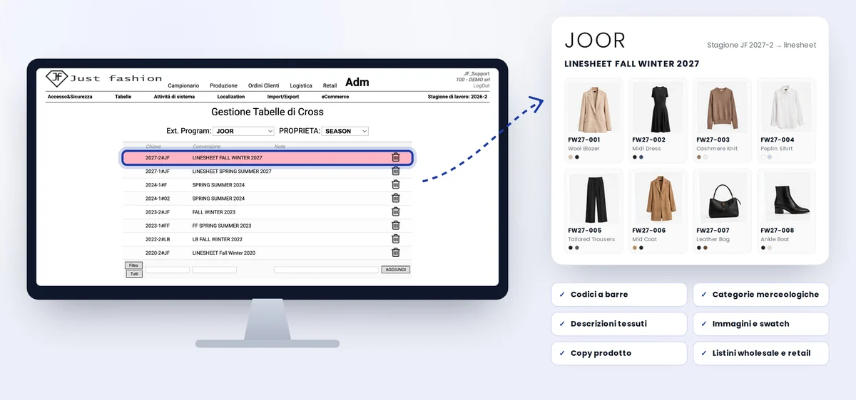 Just Fashion, Gestione Tabelle di Cross per JOOR: la stagione 2027-2 è abbinata alla Linesheet Fall Winter 2027 su JOOR, con i prodotti e i dati trasferiti: codici a barre, categorie merceologiche, descrizioni dei tessuti, immagini e swatch, copy prodotto, listini wholesale e retail
