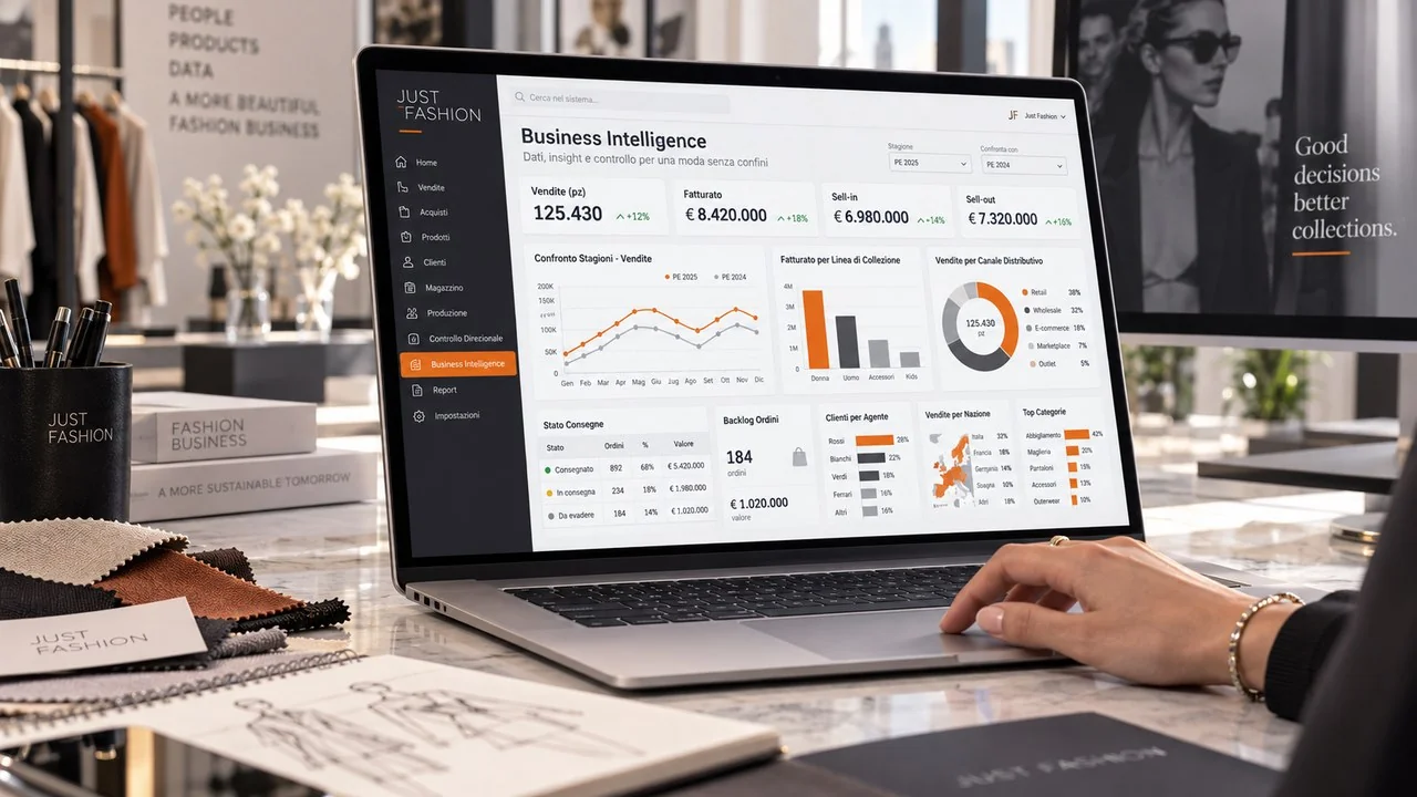Business Intelligence di Just Fashion: vendite, fatturato, sell-in e sell-out, confronto stagioni, canali distributivi, stato consegne e backlog ordini