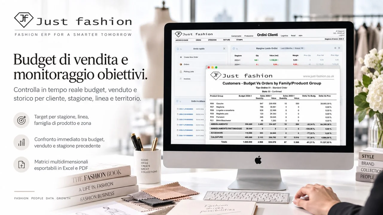 Just Fashion, budget di vendita e monitoraggio obiettivi: widget margine lordo ordini e report Budget vs Ordini per famiglia di prodotto