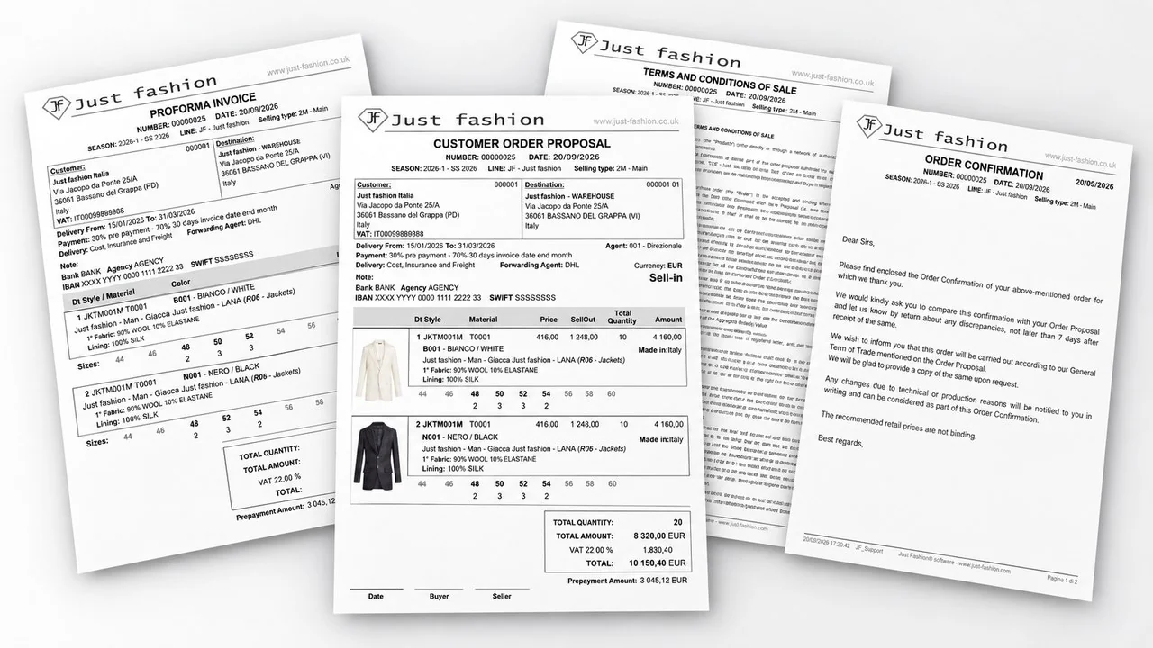 Just Fashion order documents: order proposal with images, proforma invoice, terms and conditions of sale and order confirmation