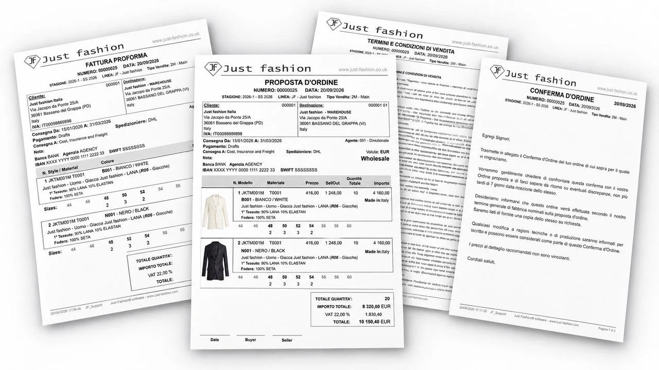 I documenti dell'ordine Just Fashion: proposta d'ordine con immagini, fattura proforma, termini e condizioni di vendita e conferma d'ordine