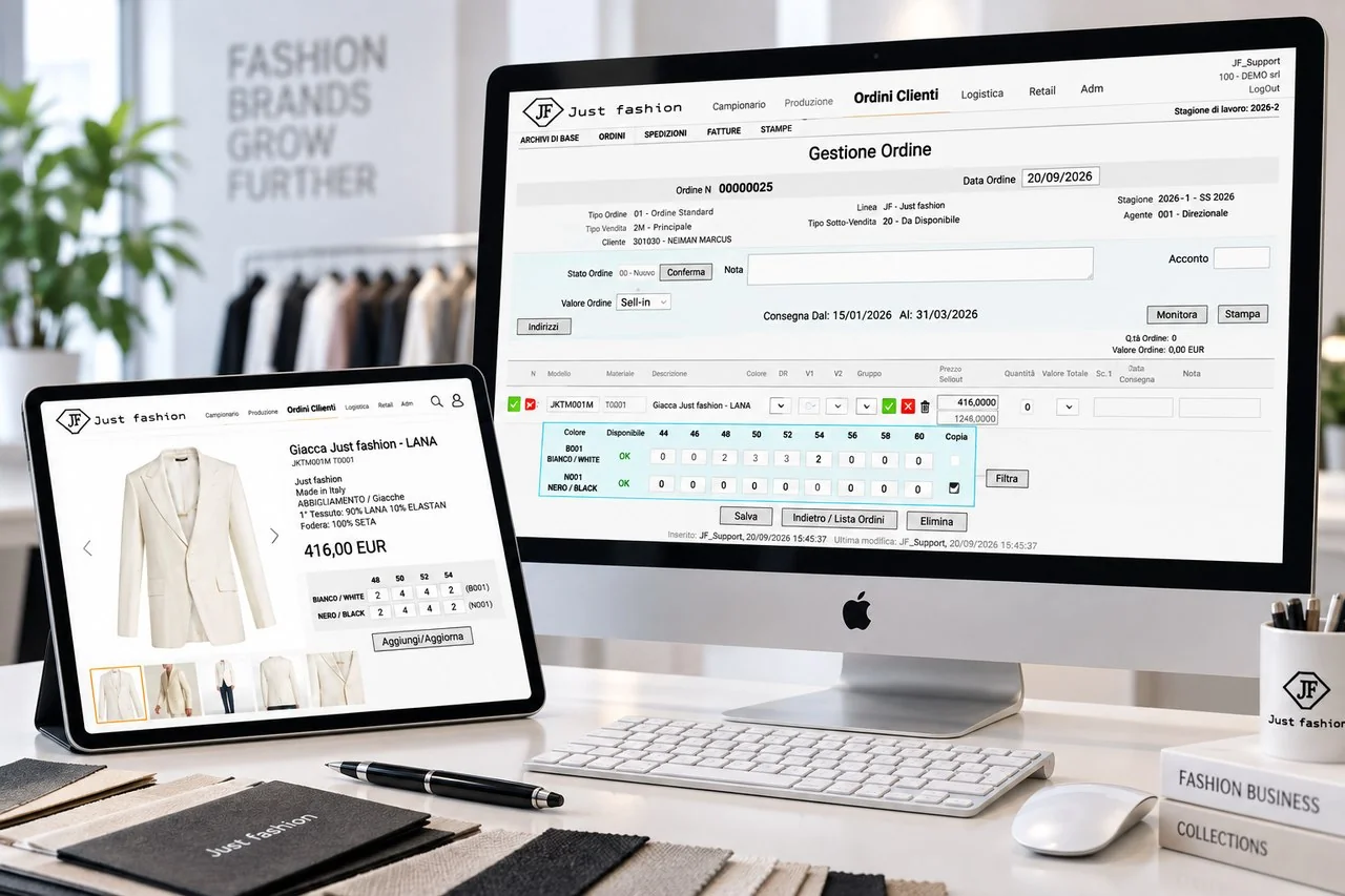 Just Fashion OMS: customer order management with size and colour grid and availability, and product catalogue on a tablet