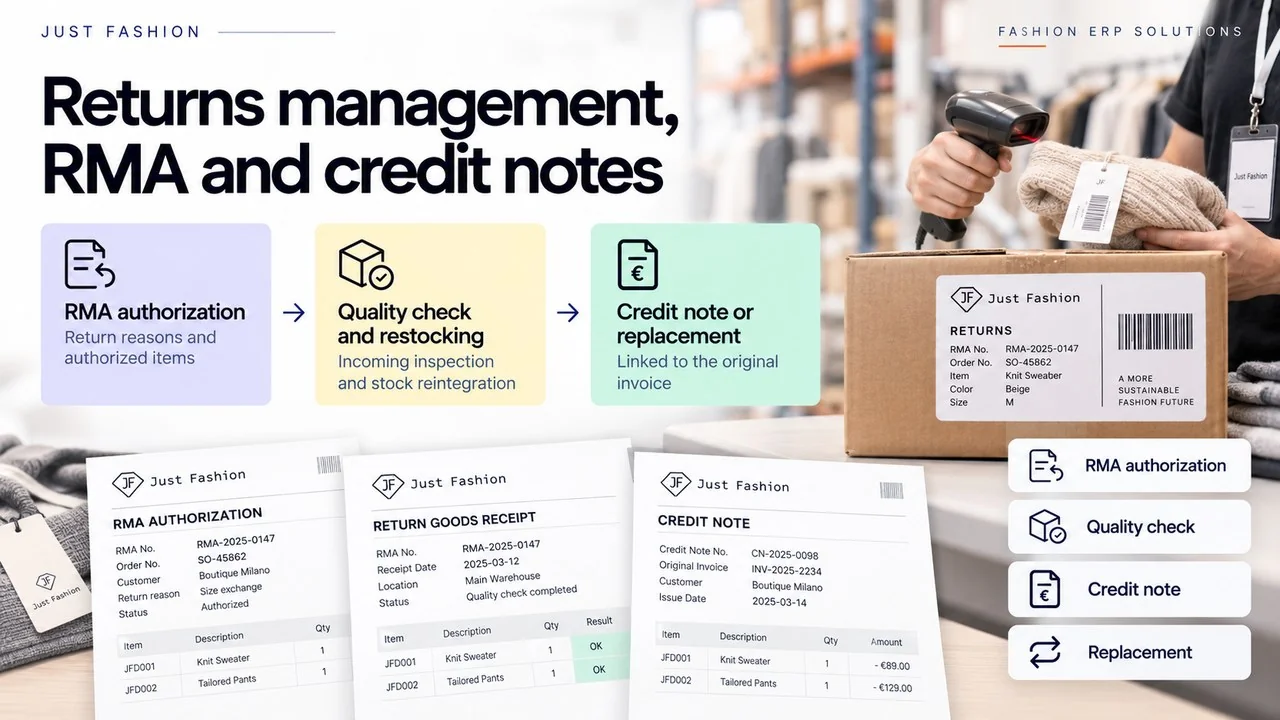 Returns management in Just Fashion: RMA authorisation, quality control and stock reinstatement, credit note or replacement