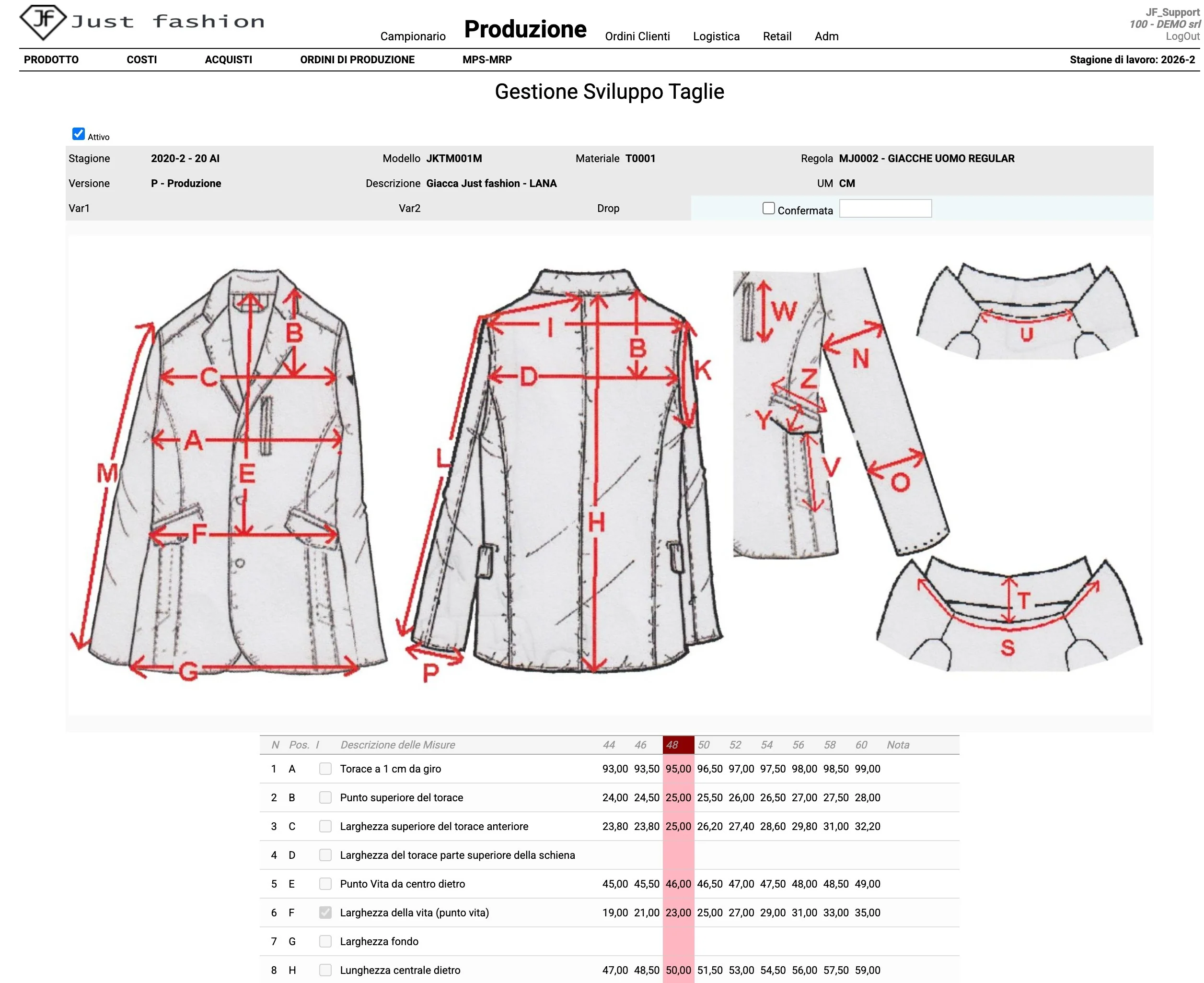 Just Fashion, Gestione Sviluppo Taglie della giacca JKTM001M: disegno tecnico con i punti di misura e tabella delle misure dalla taglia 44 alla 60, con la taglia base 48 evidenziata