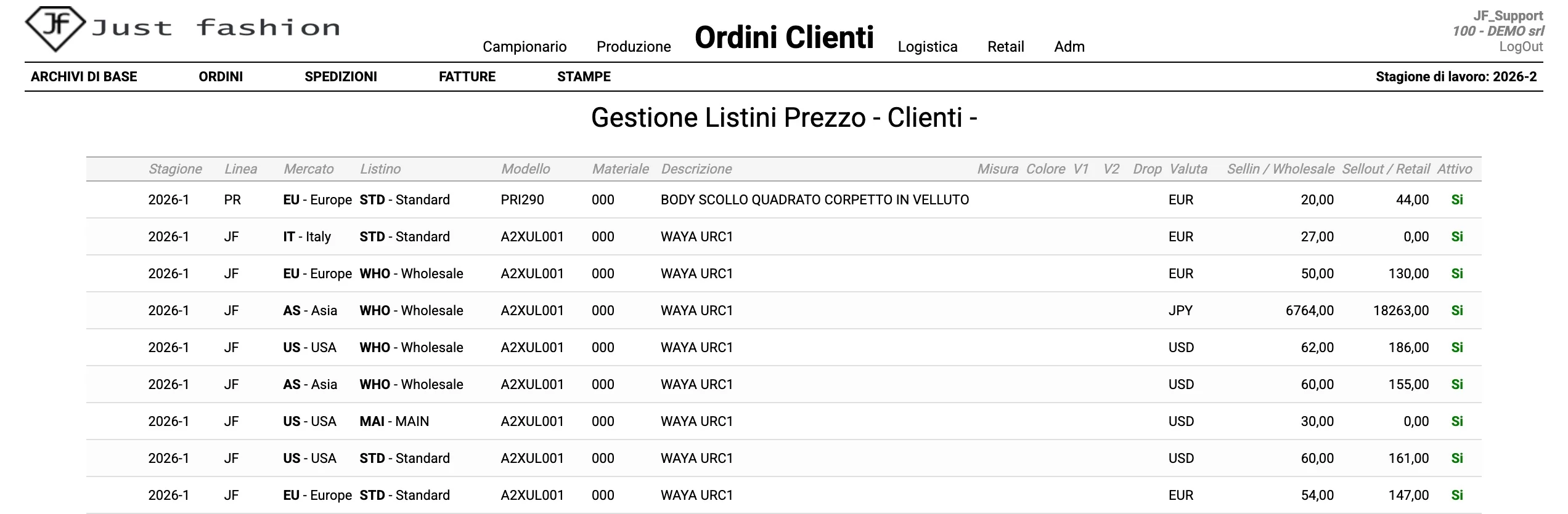 Just Fashion, Gestione Listini Prezzo Clienti: lo stesso modello con listini standard, wholesale e main per Italia, Europa, USA e Asia, in euro, dollari e yen, con prezzo wholesale e prezzo retail