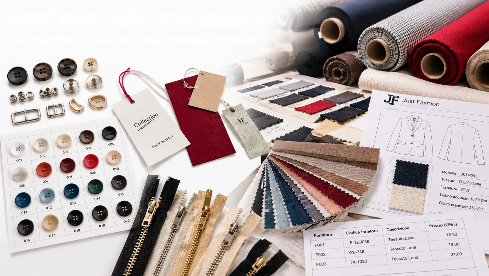 Materiali di una collezione moda: cartella bottoni con i codici colore, zip, cartellini, rotoli e mazzette di tessuto; la scheda della giacca JKTM001 con tessuto, fornitore, listino di acquisto e costo standard, e il confronto dei listini di tre fornitori per lo stesso tessuto