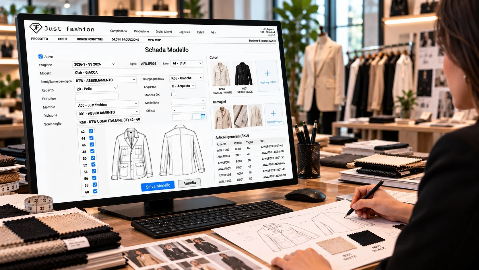 Ufficio stile con Just Fashion a monitor: Scheda Modello della giacca Clair con stagione, linea, famiglia merceologica, schiera taglie dalla 42 alla 60, colori bianco e nero, immagini, disegno tecnico e articoli SKU generati per colore e taglia