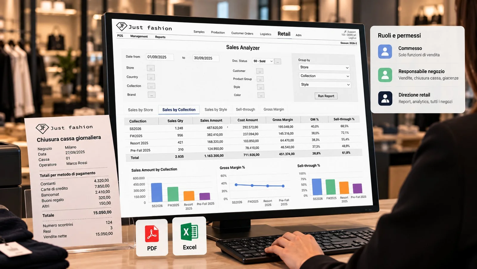 JF Retail Sales Analyzer: vendite per collezione con quantità, importo, costo e margine lordo, grafici, esportazione in PDF ed Excel; chiusura giornaliera di cassa stampata con totali per metodo di pagamento; ruoli e permessi per commesso, store manager e direzione retail