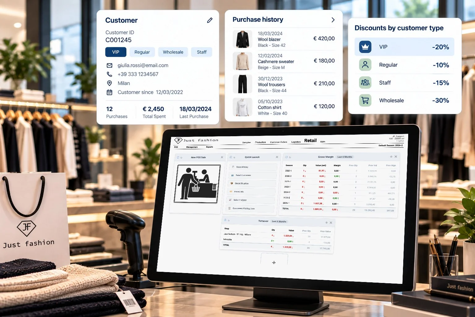 JF Retail in store: on screen the Just Fashion Retail home with new sale, quick access to retail customers, sales history, stock and price lists, gross margin and turnover by store; above, the customer card with customer type (VIP, Regular, Wholesale, Staff), purchase history and discounts by customer type