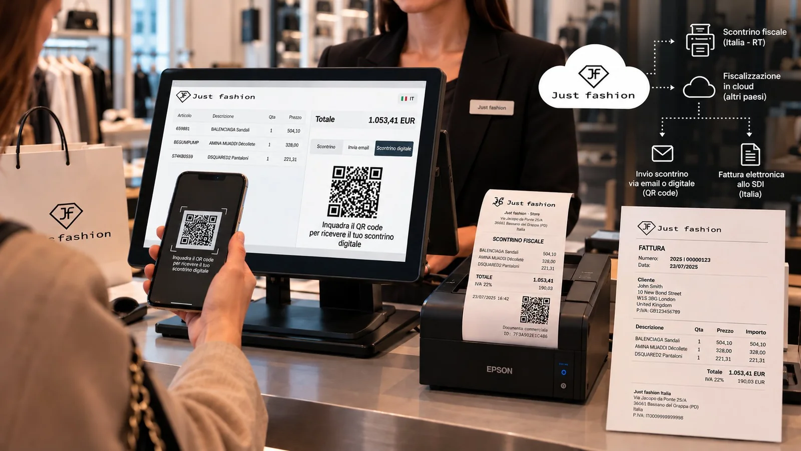 JF Retail in cassa: scontrino digitale con QR code, scontrino stampato e fattura, fiscalizzazione con stampante RT in Italia o in cloud negli altri paesi