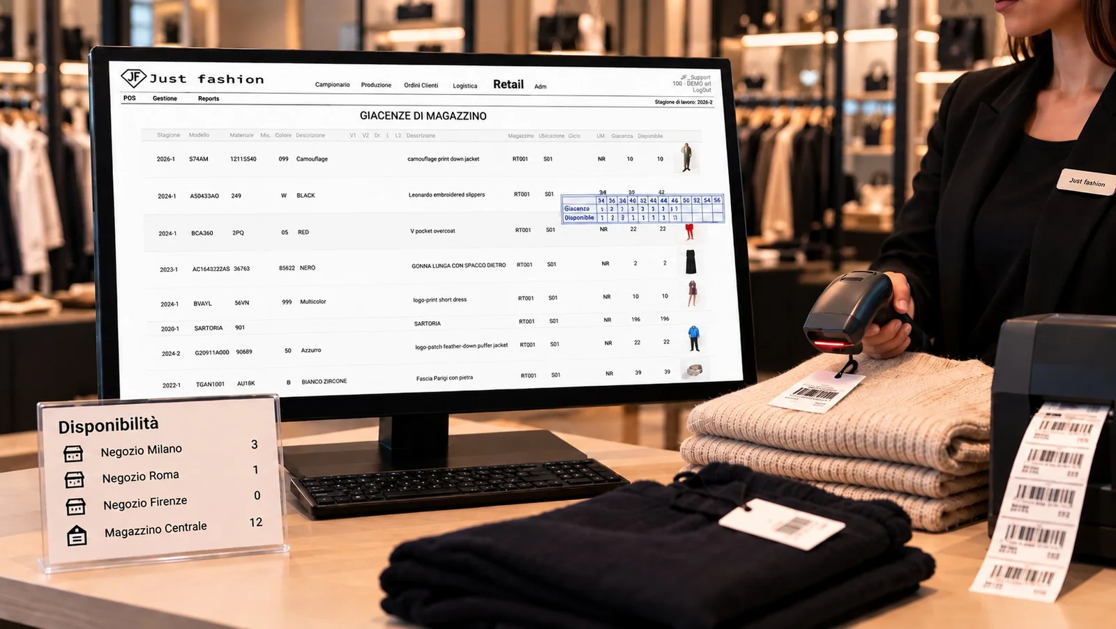 JF Retail situazione giacenze del negozio per stagione, modello, colore e taglia con giacenza e disponibilità; cartello con disponibilità nei negozi di Milano, Roma e Firenze e nel magazzino centrale; lettore barcode e stampante etichette