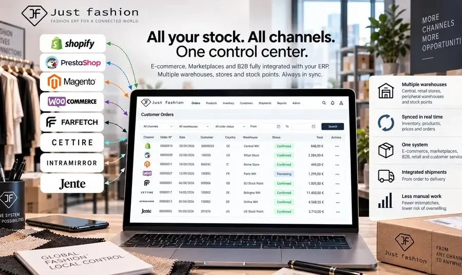 Just Fashion customer orders from every channel in one list: Shopify, PrestaShop, Magento, WooCommerce e-commerce and marketplaces such as Farfetch, with multiple warehouses, stores and stock points always in sync