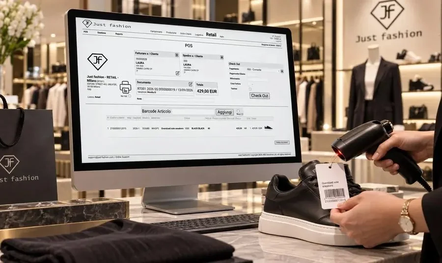 Just Fashion JF Retail al banco cassa: schermata di vendita con cliente, documento, totale e check out, mentre l'addetto scansiona il cartellino barcode di una sneaker