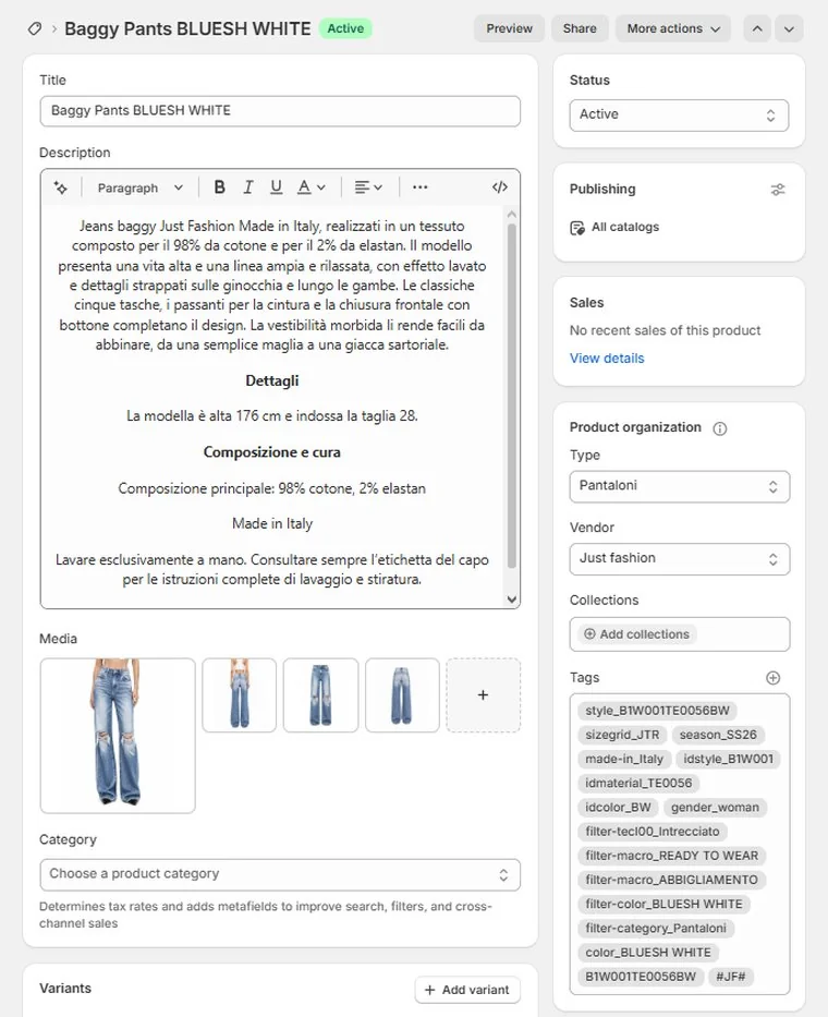 Scheda prodotto Shopify creata da Just Fashion: titolo, descrizione multilingua, media, organizzazione prodotto e tags