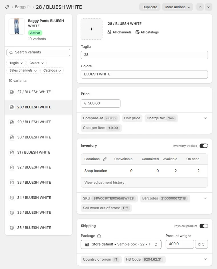 Scheda prodotto Shopify creata da Just Fashion: varianti taglia e colore, prezzo, inventario, SKU, barcode, peso, paese d'origine e HS code