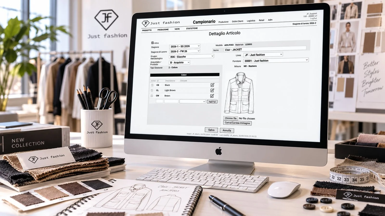 Just Fashion, Campionario: dettaglio articolo con stagione, stagione di lavoro, gruppo merceologico, linea, fornitore, tabella dei colori di campionario e disegno tecnico del modello