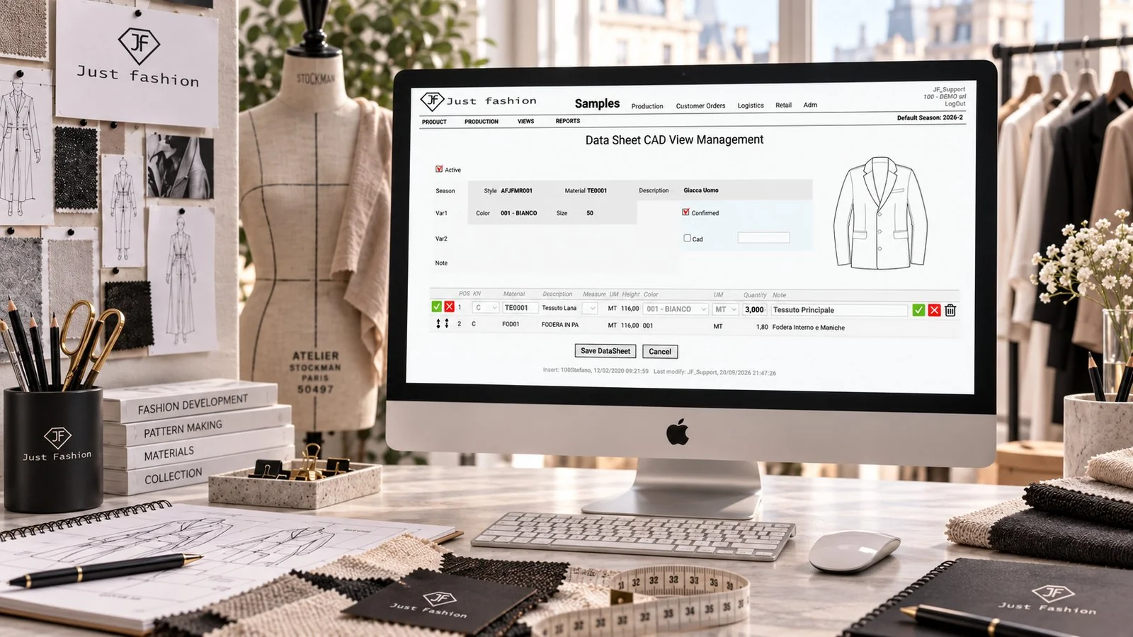 Just Fashion, Samples: CAD view of the data sheet, showing only cutting materials with fabric width and consumption for each fabric and lining