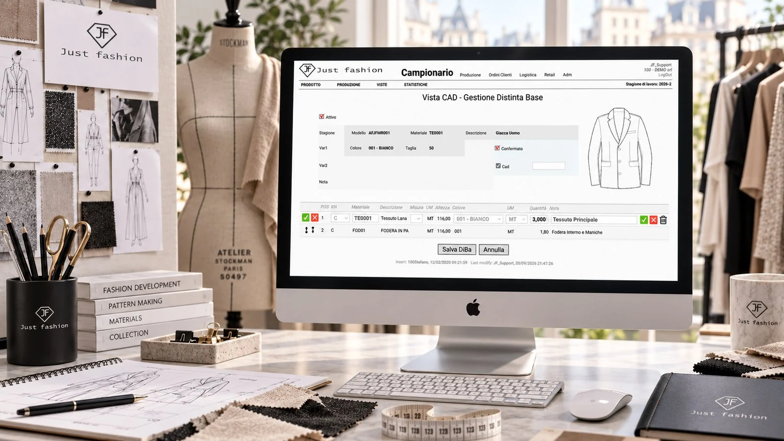 Just Fashion, Campionario: vista CAD della distinta base, con i soli materiali di taglio, l'altezza della pezza e il consumo per ciascun tessuto e fodera