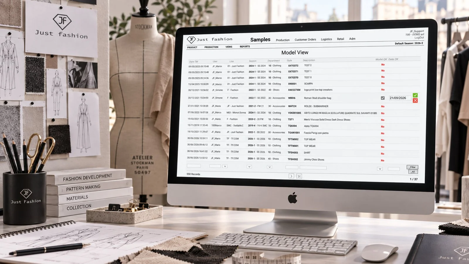Just Fashion, Samples: model view with date, user, line, season, department, style and description, and the Model OK and Date OK columns used to confirm the pattern