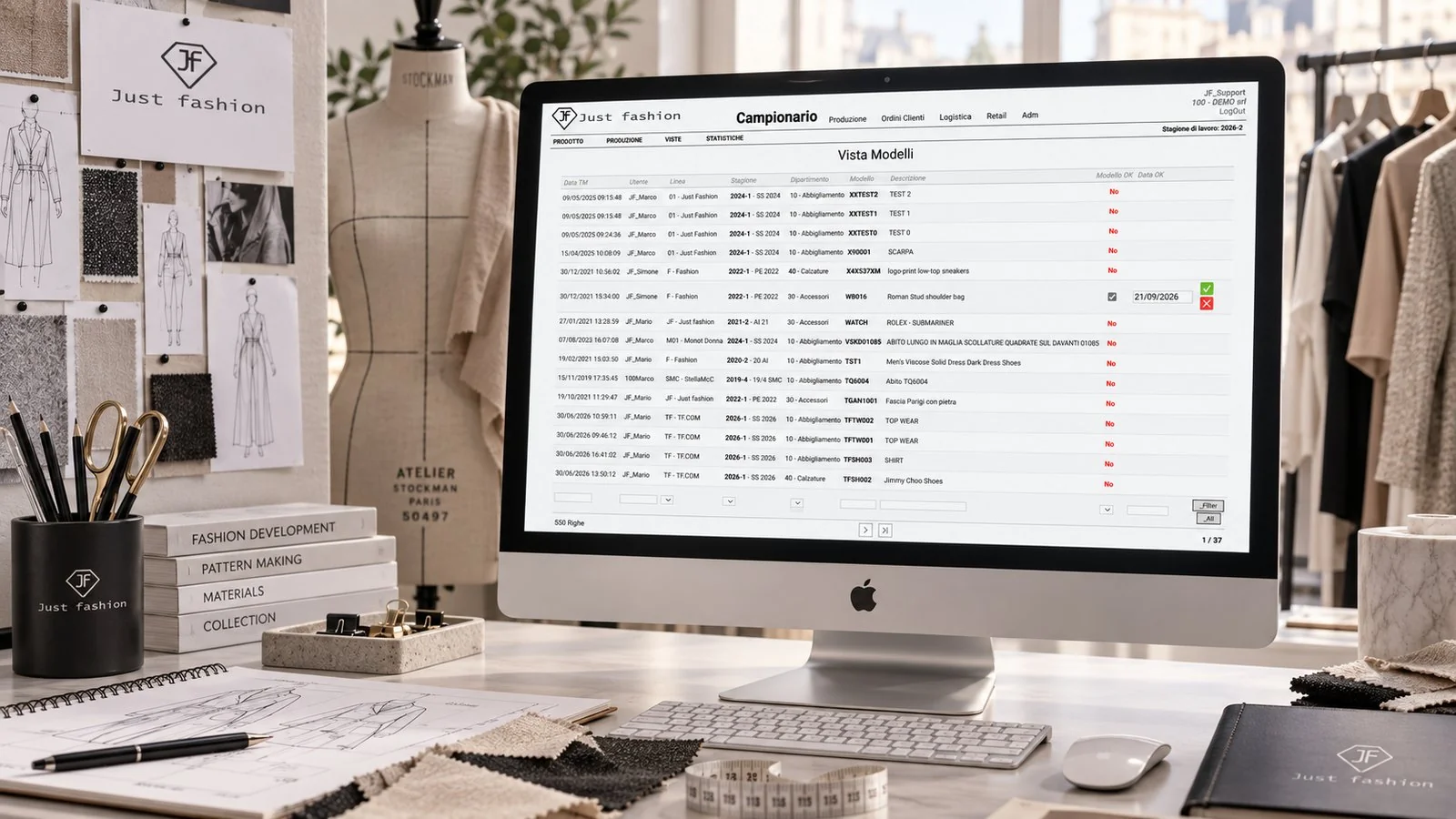 Just Fashion, Campionario: vista modelli con data, utente, linea, stagione, dipartimento, modello e descrizione, e le colonne Modello OK e Data OK per confermare il cartamodello