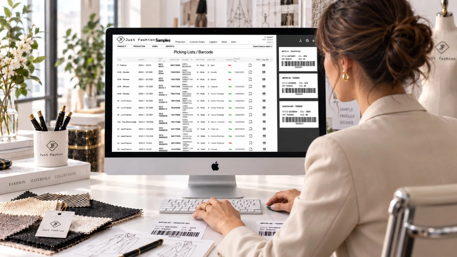 Just Fashion, Samples: picking lists and barcodes, with order number, supplier, first or second prototype reason, shipped status and barcode labels printed to PDF