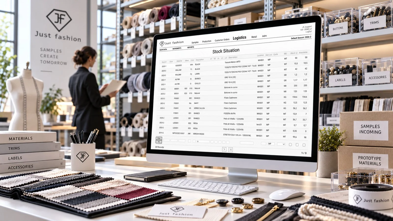 Just Fashion, Logistics: sample warehouse stock situation with fabrics, linings and trims by season, style, material and colour, with unit of measure, stock quantity and available quantity