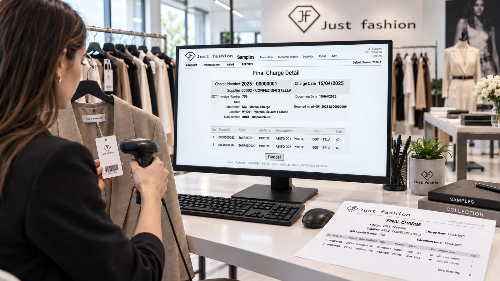 Just Fashion, Samples: final charge detail for prototypes, with the barcode scanned from the hang tag, supplier, delivery note, warehouse, location and one row per garment by style, colour and size, plus the printed final charge