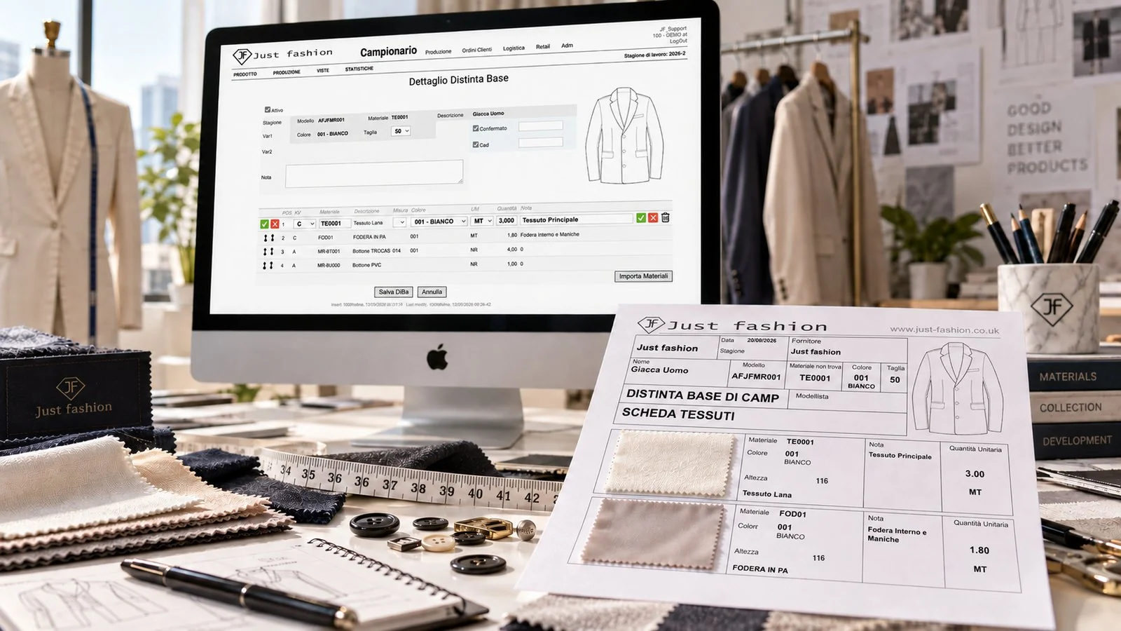 Just Fashion Gestione Campionario: scheda tecnica e distinta base del prototipo con campioni di tessuto allegati