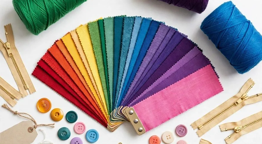 Cartella colori, rocchetti, bottoni, zip e cartellini